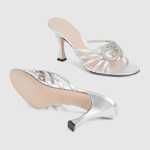 Sandalo con tacco slider donna Incrocio GG con cristalli in pelle argento