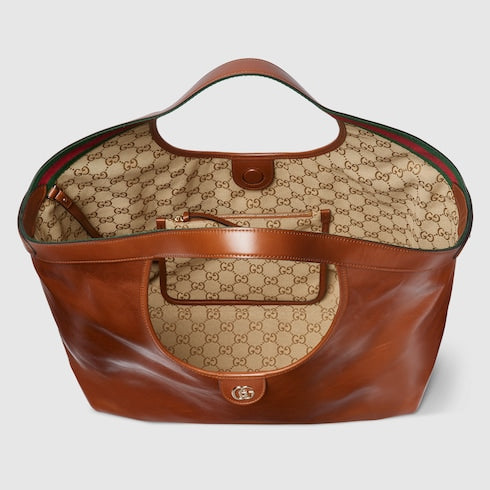 Borsa shopping GG Giglio misura piccola in pelle marrone scuro