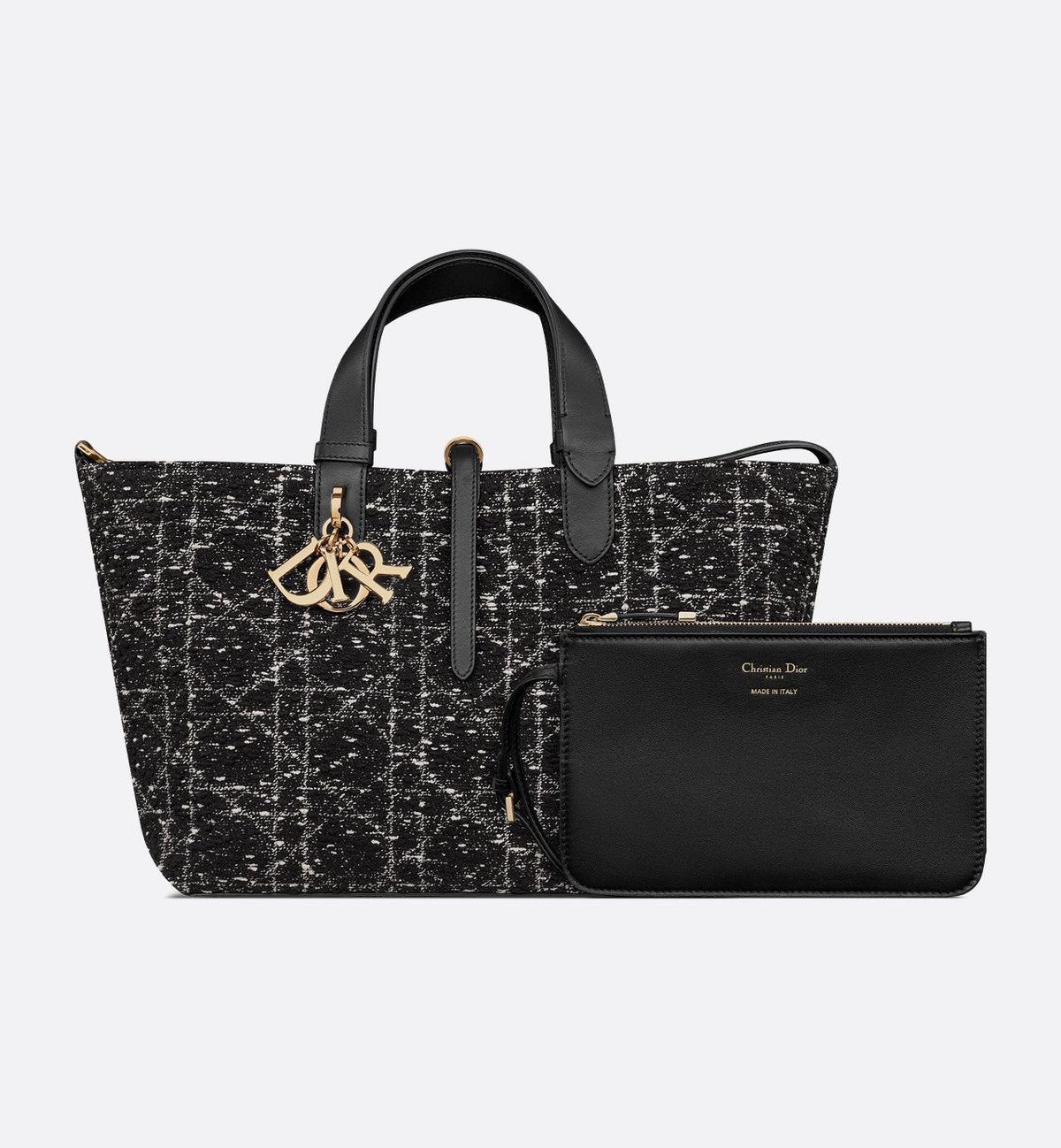 Borsa Media Toujours Tweed Nero con Motivo Cannage Bianco