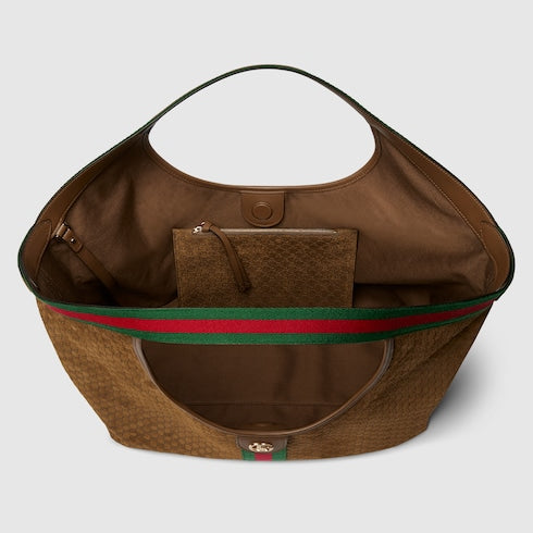 Borsa shopping GG Giglio misura grande in pelle scamosciata marrone