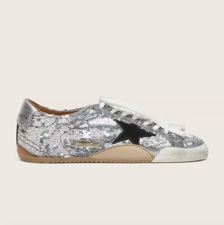 True in paillettes argento con stella color nero e talloncino in pelle argento